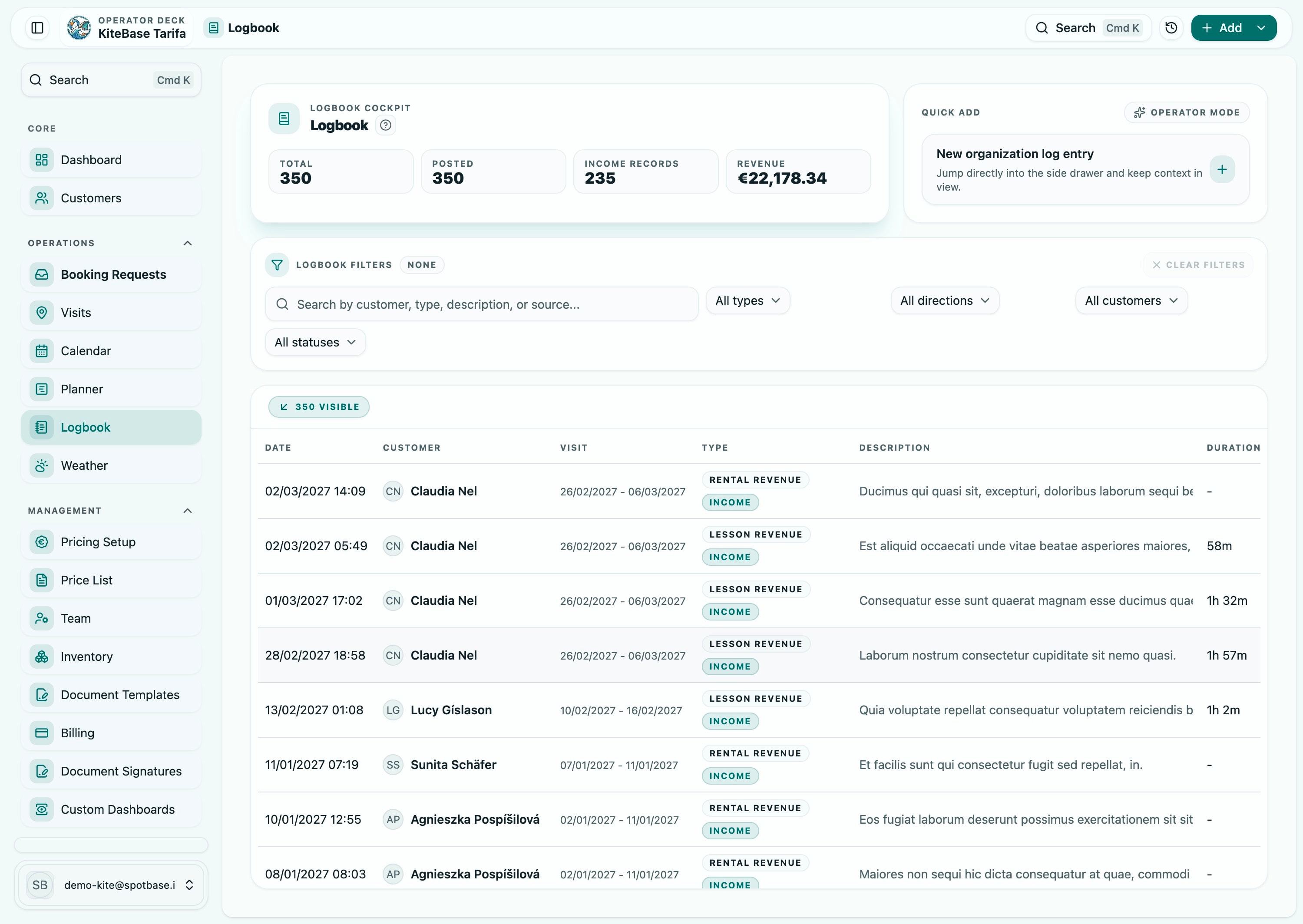 Customer Logbooks & Credits