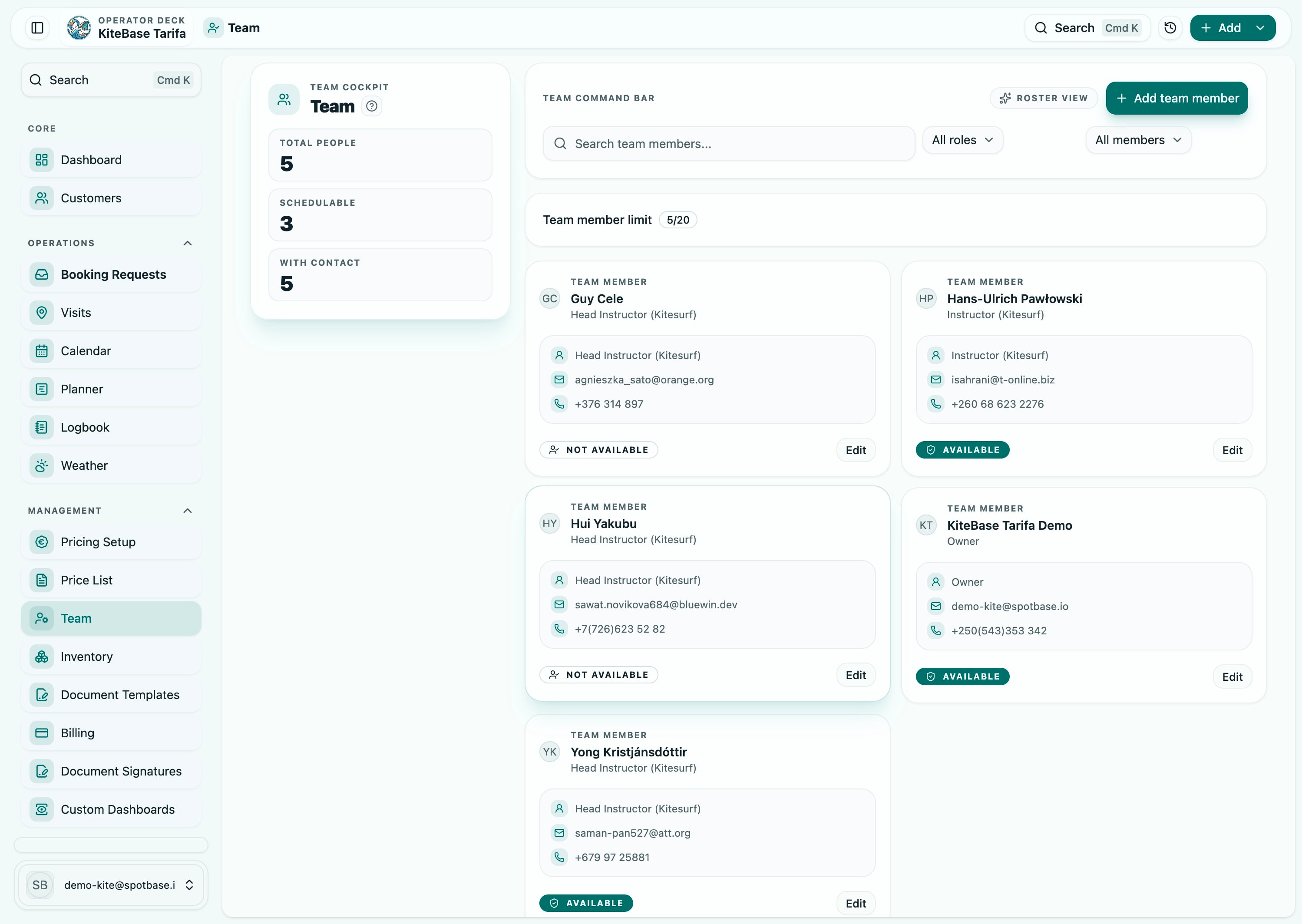 Spotbase team management view with staff roles