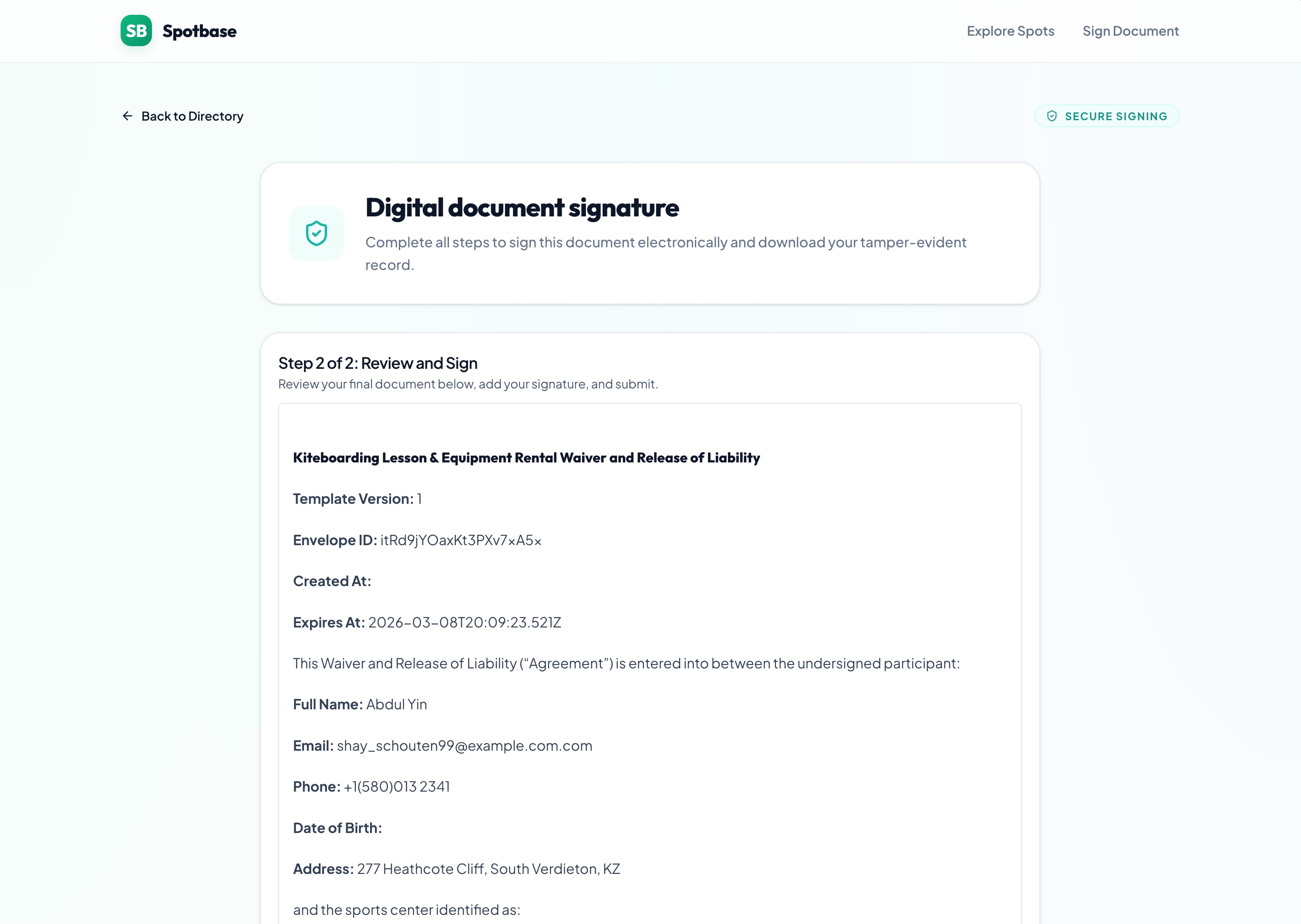 Spotbase digital waiver signing module